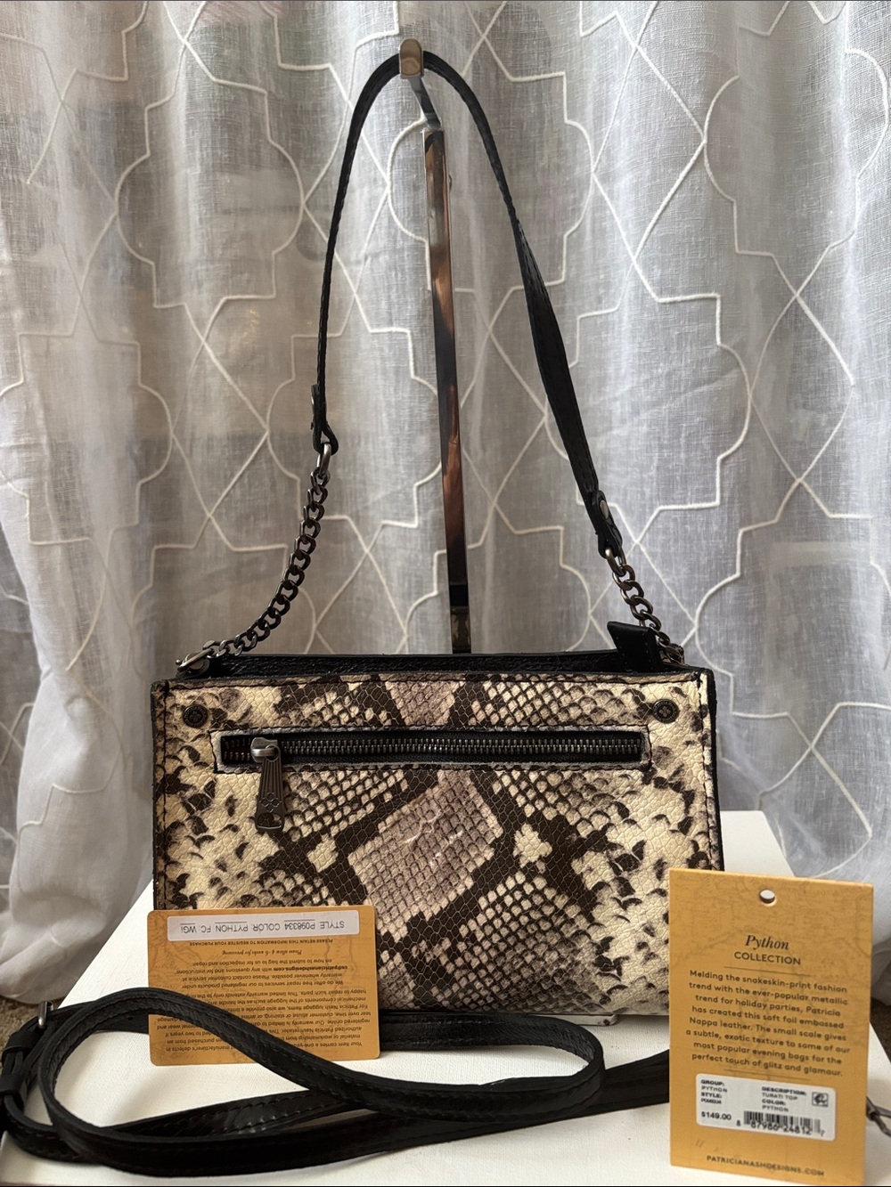 Patricia Nash Python Print Turati Top Zip Bag in Black and Cream Style P098334